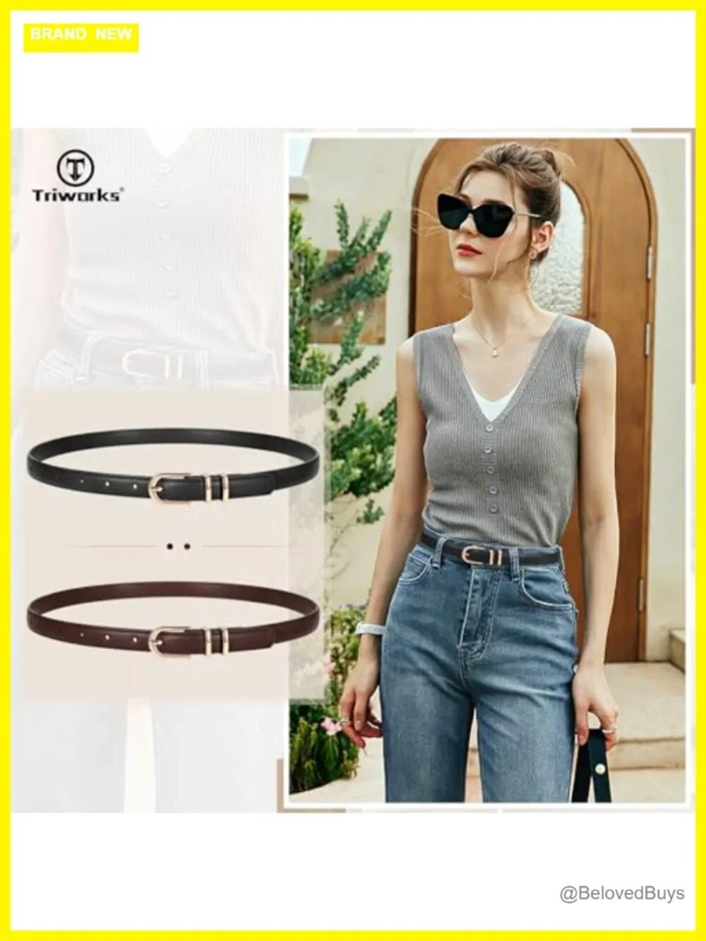 Women 2 Pack Skinny Faux Leather Belts Gold Buckle